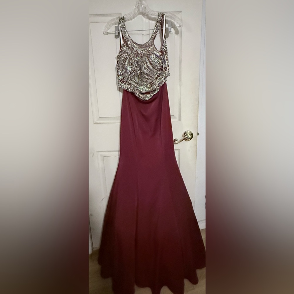 Jovani 2 Piece Burgundy Gown with Embellishments